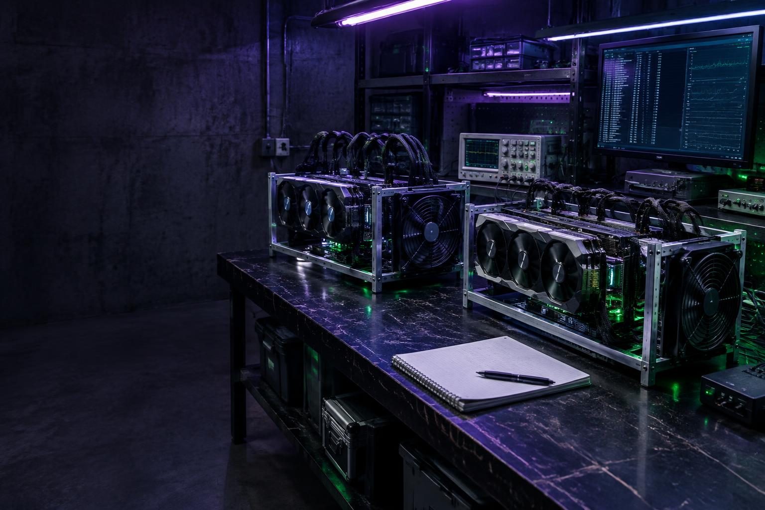 Open-frame GPU systems and diagnostic equipment on an AI engineering workbench